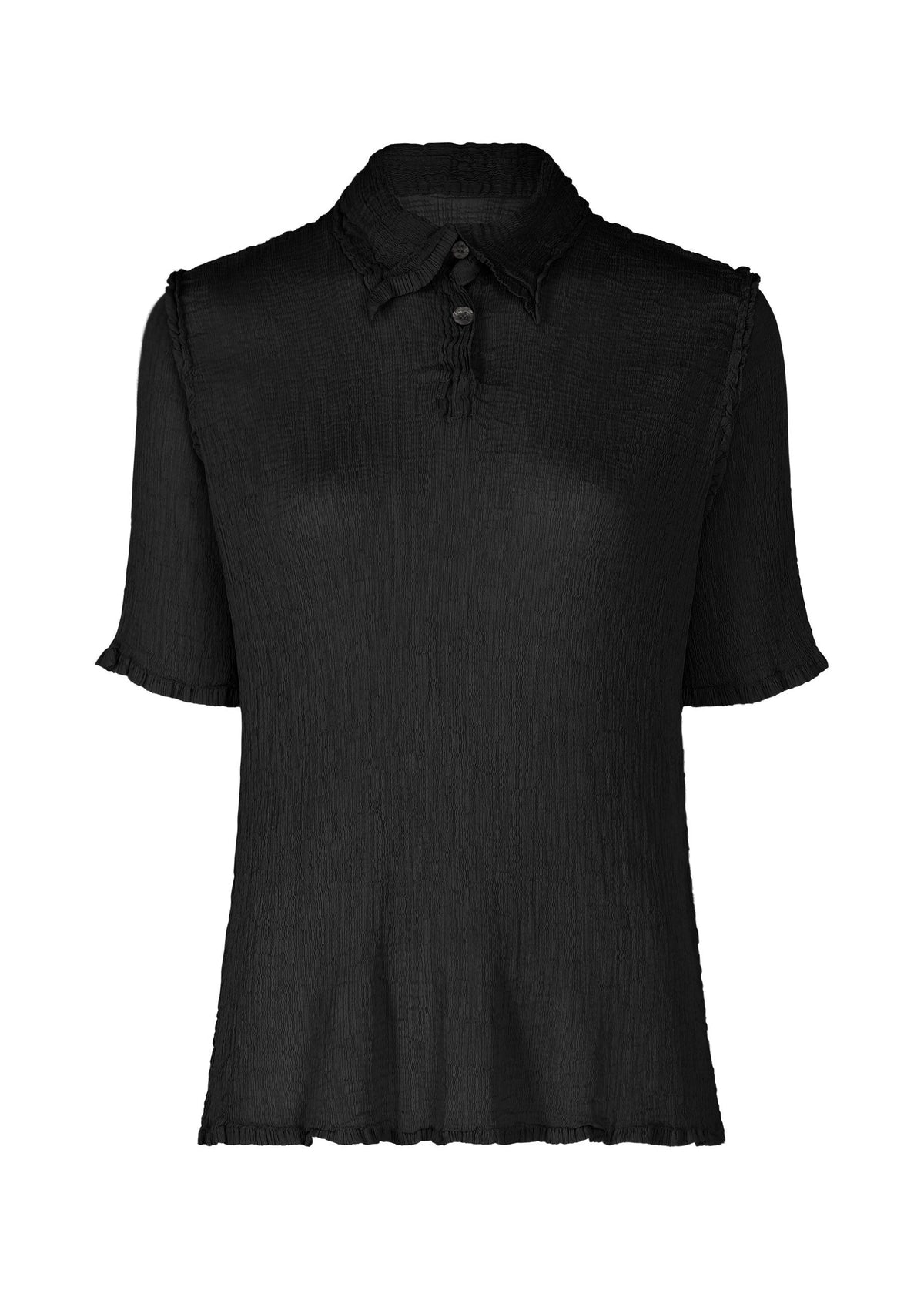The SEE-THROUGH CREPE COLOR by me ISSEY MIYAKE is a black, collared, short-sleeved top made from garment-dyed crepe with a textured finish, partial button placket, and subtle ruffles at the sleeves and hem. view 2 of 9
