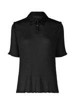 The SEE-THROUGH CREPE COLOR by me ISSEY MIYAKE is a black, collared, short-sleeved top made from garment-dyed crepe with a textured finish, partial button placket, and subtle ruffles at the sleeves and hem. - BLACK （no.15）