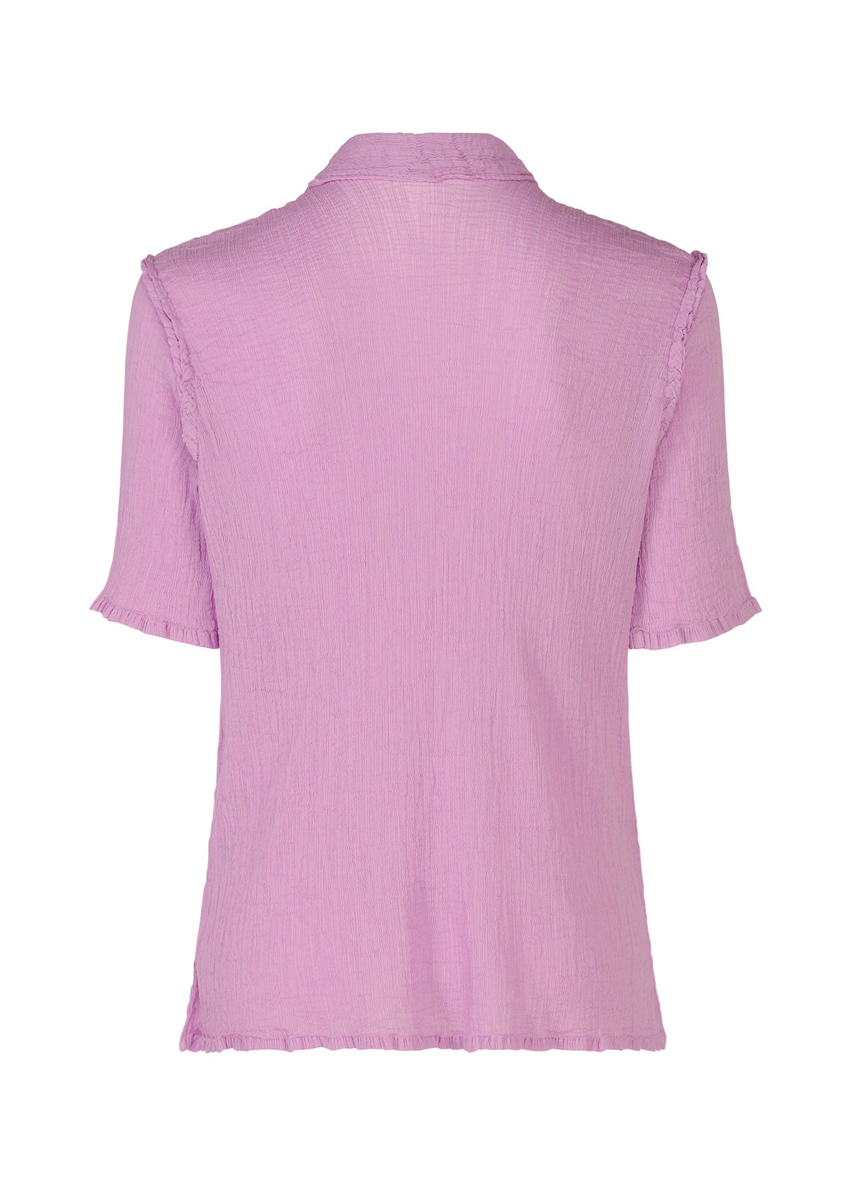 Back view of SEE-THROUGH CREPE COLOR by me ISSEY MIYAKE—a collared, short-sleeved top in light purple garment-dyed crepe with subtle ruffle trim and textured fabric for added charm. view 4 of 9