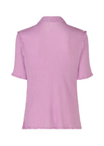 Back view of SEE-THROUGH CREPE COLOR by me ISSEY MIYAKE—a collared, short-sleeved top in light purple garment-dyed crepe with subtle ruffle trim and textured fabric for added charm.