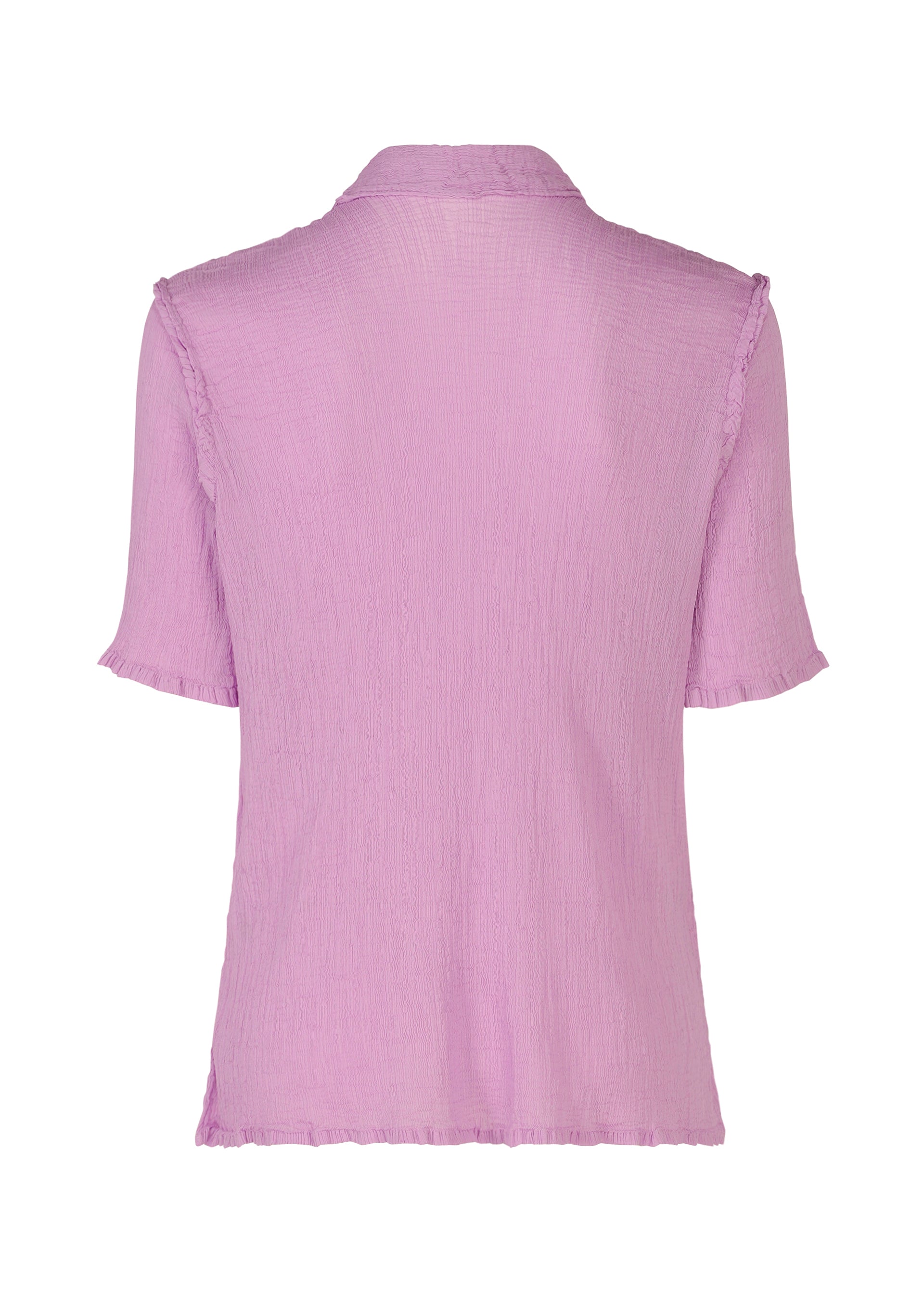 Zoomed view Back view of SEE-THROUGH CREPE COLOR by me ISSEY MIYAKE—a collared, short-sleeved top in light purple garment-dyed crepe with subtle ruffle trim and textured fabric for added charm.