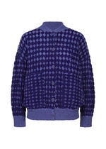 The DIAMOND FLOCKY CAULIFLOWER cardigan by me ISSEY MIYAKE features deep blue, long sleeves, diamond-patterned flock printing on CAULIFLOWER fabric, and ribbed cuffs, collar, and hem. Shown on a white background. - BLUE-HUED （no.78）