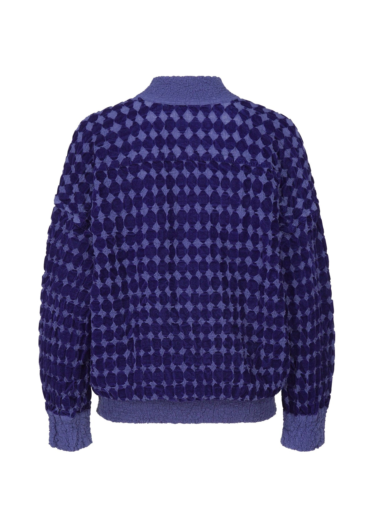 The DIAMOND FLOCKY CAULIFLOWER by me ISSEY MIYAKE is a long-sleeved cardigan in dark and light purple with diamond-patterned flock printing, geometric dot design, and ribbed cuffs, hem, and collar. view 3 of 7
