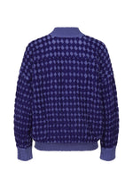 The DIAMOND FLOCKY CAULIFLOWER by me ISSEY MIYAKE is a long-sleeved cardigan in dark and light purple with diamond-patterned flock printing, geometric dot design, and ribbed cuffs, hem, and collar.