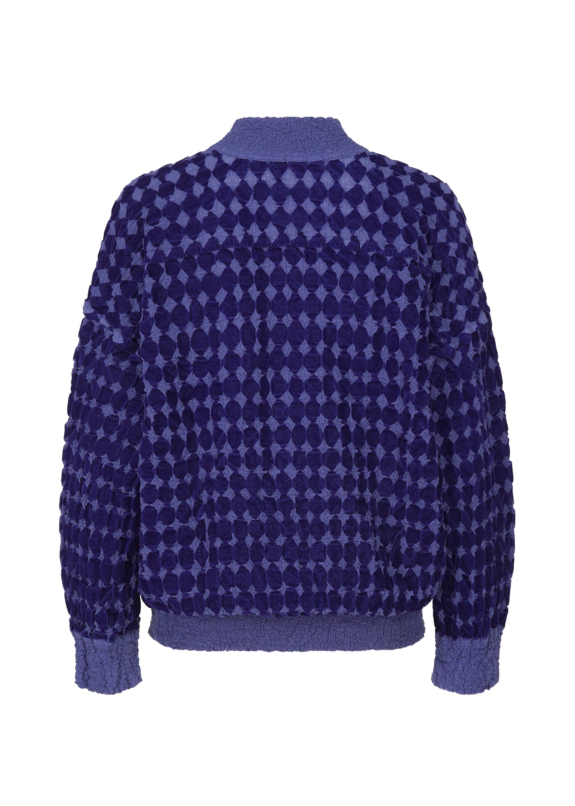 Zoomed view The DIAMOND FLOCKY CAULIFLOWER by me ISSEY MIYAKE is a long-sleeved cardigan in dark and light purple with diamond-patterned flock printing, geometric dot design, and ribbed cuffs, hem, and collar.