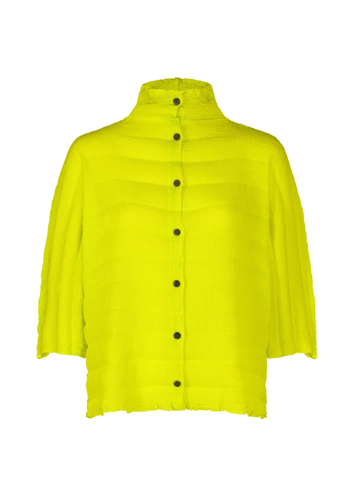 The RIPPLE SEE-THROUGH CREPE blouse by me ISSEY MIYAKE features bright yellow crinkled crepe, a high collar, short wide sleeves, black buttons, and a slightly boxy silhouette. view 2 of 7