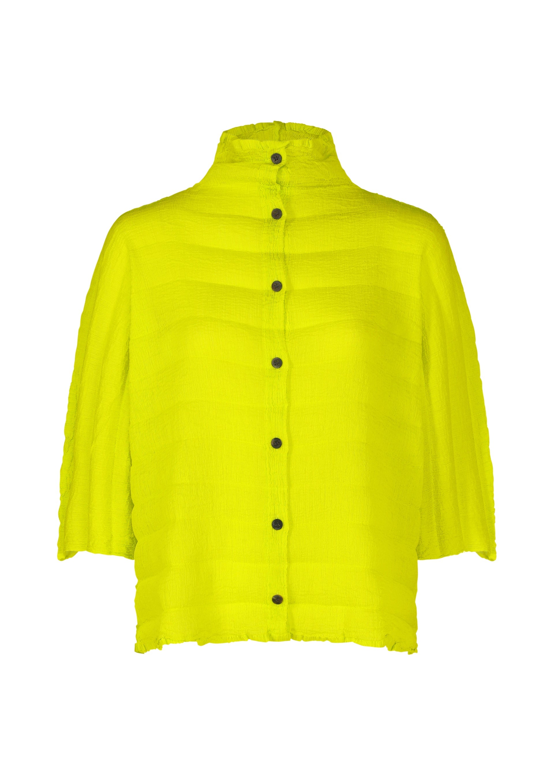Zoomed view The RIPPLE SEE-THROUGH CREPE blouse by me ISSEY MIYAKE features bright yellow crinkled crepe, a high collar, short wide sleeves, black buttons, and a slightly boxy silhouette. - LIME YELLOW （no.51）