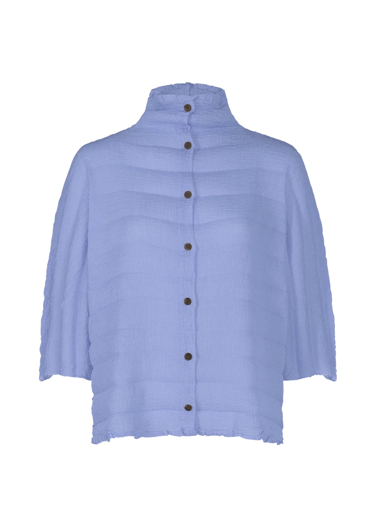 The RIPPLE SEE-THROUGH CREPE by me ISSEY MIYAKE is a light blue, textured button-up blouse with a high collar, three-quarter sleeves, dark front buttons, and a relaxed boxy fit made from garment-dyed fabric. view 3 of 7