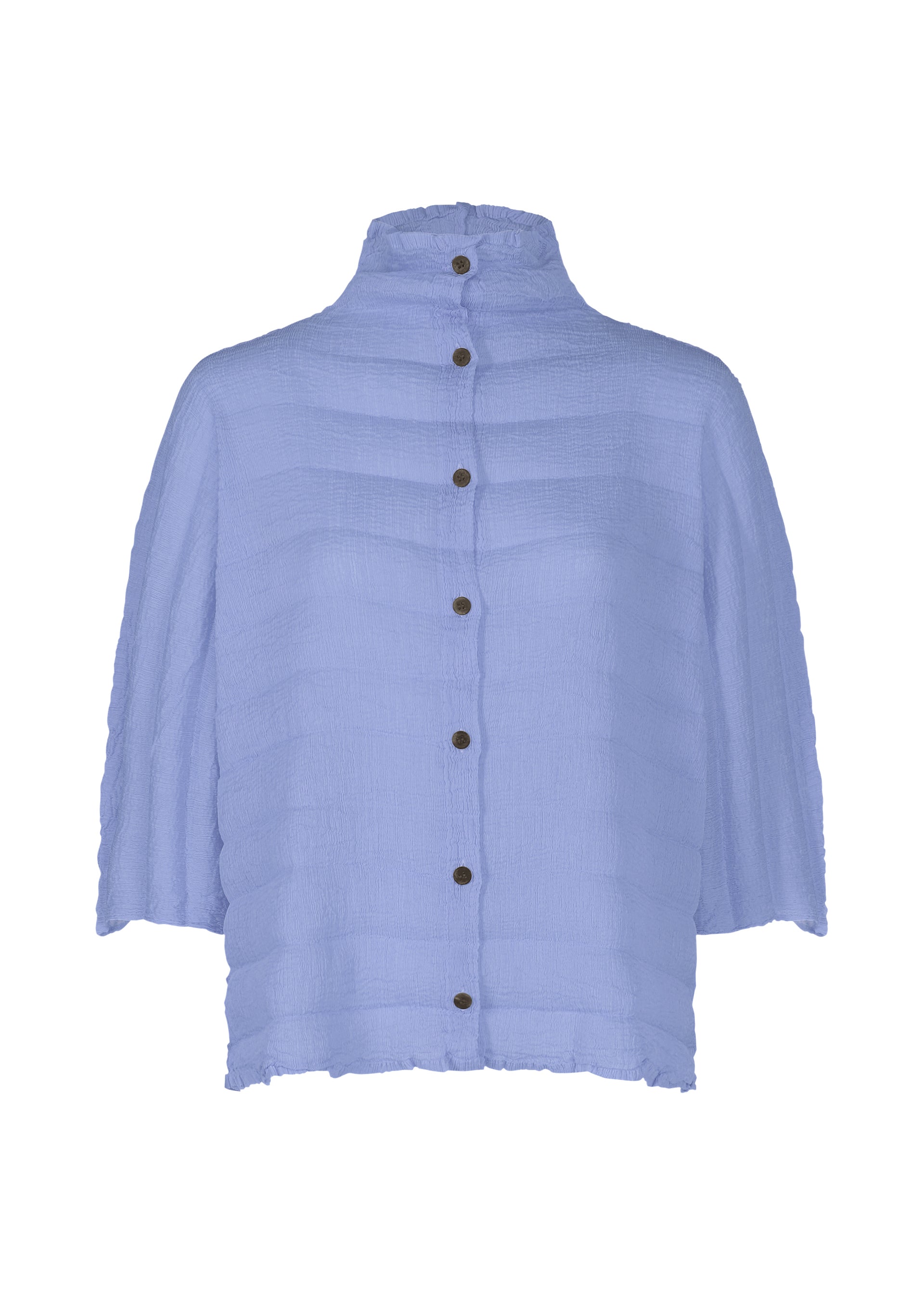 Zoomed view The RIPPLE SEE-THROUGH CREPE by me ISSEY MIYAKE is a light blue, textured button-up blouse with a high collar, three-quarter sleeves, dark front buttons, and a relaxed boxy fit made from garment-dyed fabric. - LAVENDER （no.80）