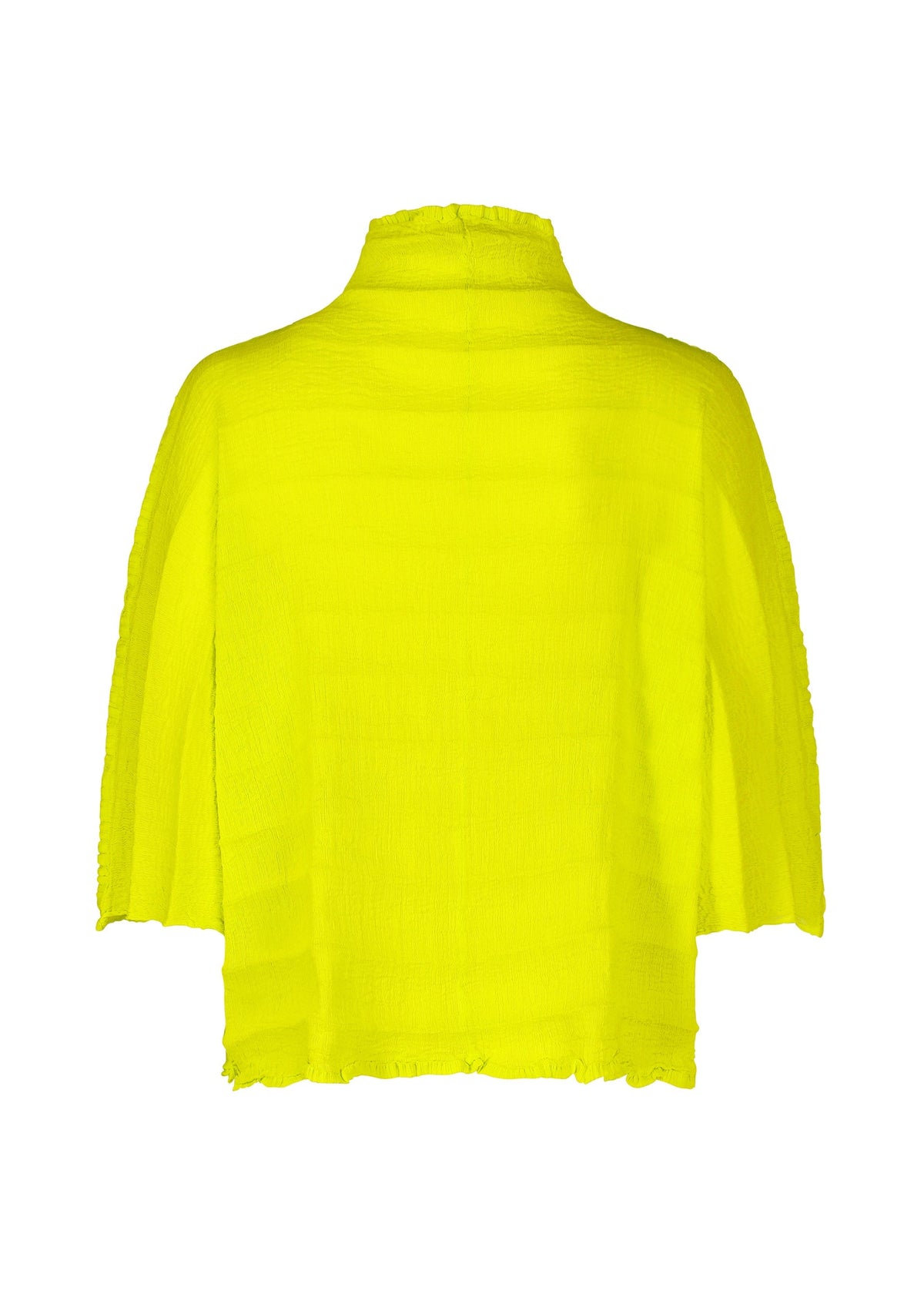 The RIPPLE SEE-THROUGH CREPE by me ISSEY MIYAKE is a bright yellow, textured, loose-fitting blouse with handmade pleats, three-quarter sleeves, and a high neck, shown from the back against a white background. view 4 of 7