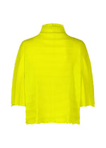 The RIPPLE SEE-THROUGH CREPE by me ISSEY MIYAKE is a bright yellow, textured, loose-fitting blouse with handmade pleats, three-quarter sleeves, and a high neck, shown from the back against a white background.