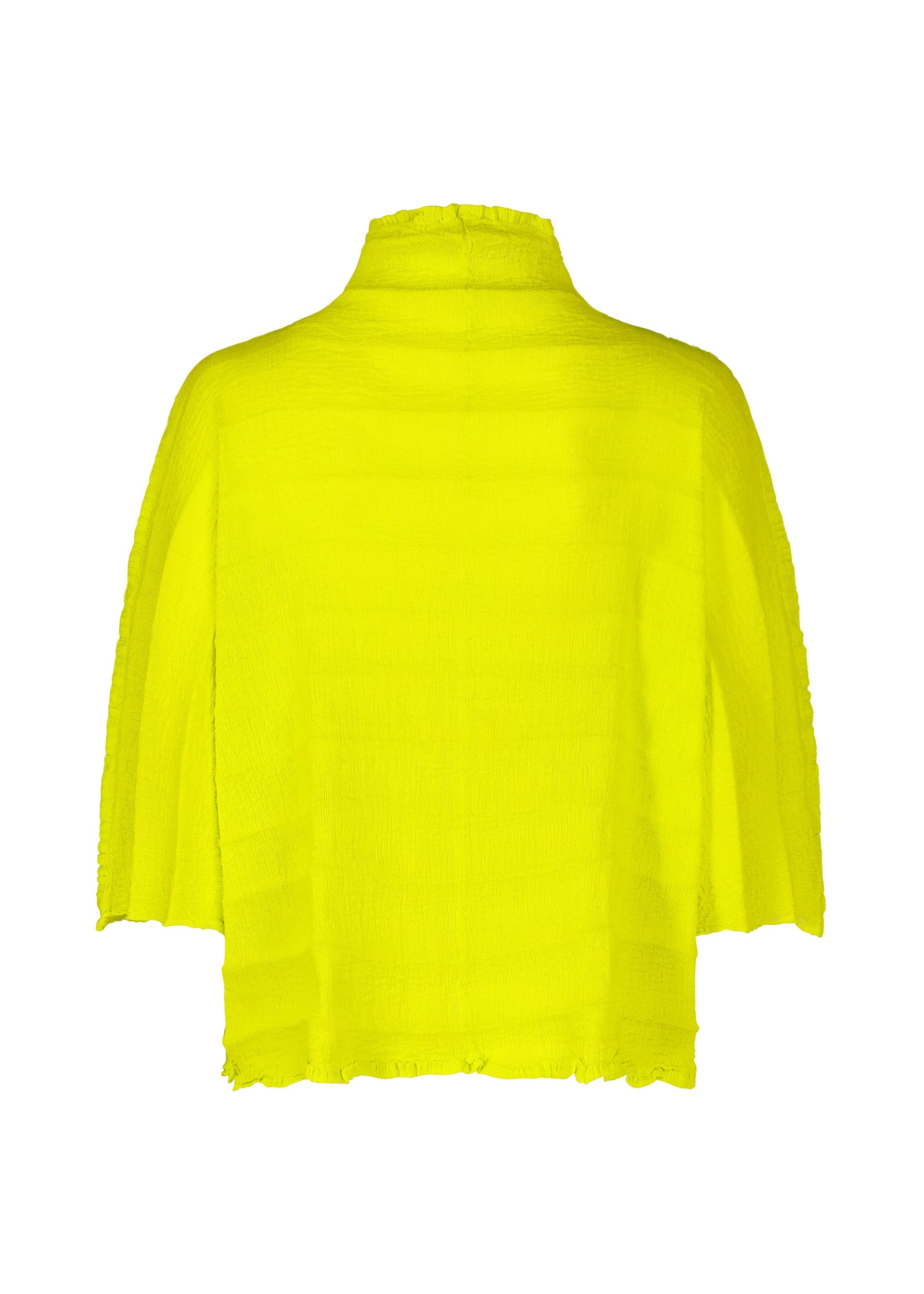Zoomed view The RIPPLE SEE-THROUGH CREPE by me ISSEY MIYAKE is a bright yellow, textured, loose-fitting blouse with handmade pleats, three-quarter sleeves, and a high neck, shown from the back against a white background.