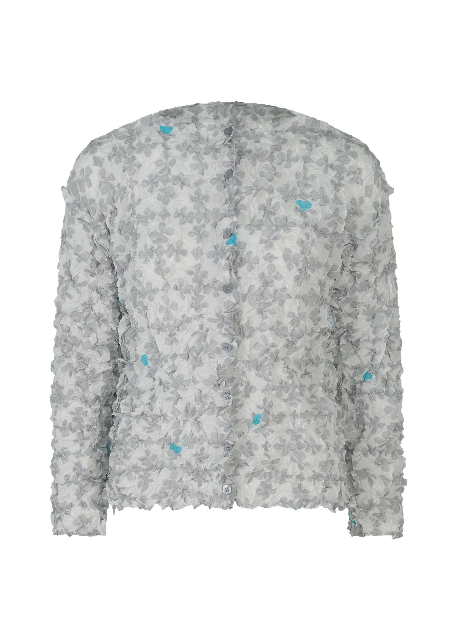 Zoomed view The SUIT MERINGUE TOP by me ISSEY MIYAKE is a long-sleeved, button-up shirt with a textured crushed pleat finish and a light gray floral pattern featuring subtle blue accents. - GRAY-HUED (no.17)