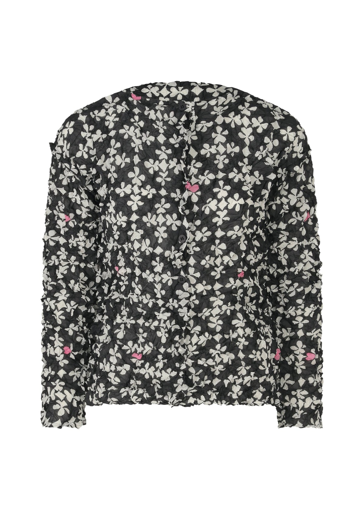 The SUIT MERINGUE TOP by me ISSEY MIYAKE is a long-sleeve, semi-sheer black blouse with white floral patterns, subtle pink accents, and a crushed pleat finish for added texture and elegance. view 2 of 8