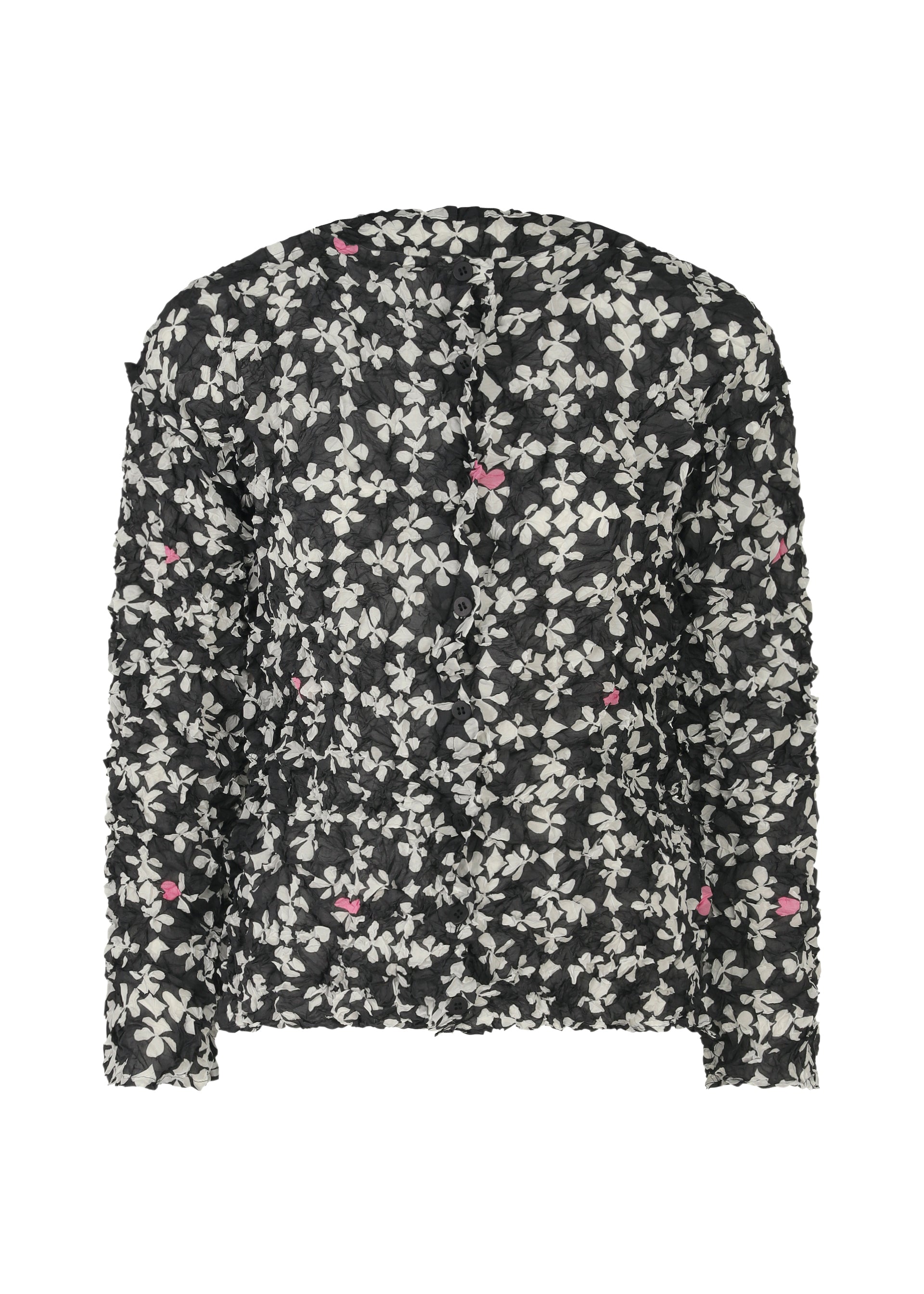 Zoomed view The SUIT MERINGUE TOP by me ISSEY MIYAKE is a long-sleeve, semi-sheer black blouse with white floral patterns, subtle pink accents, and a crushed pleat finish for added texture and elegance. - BLACK-HUED (no.18)
