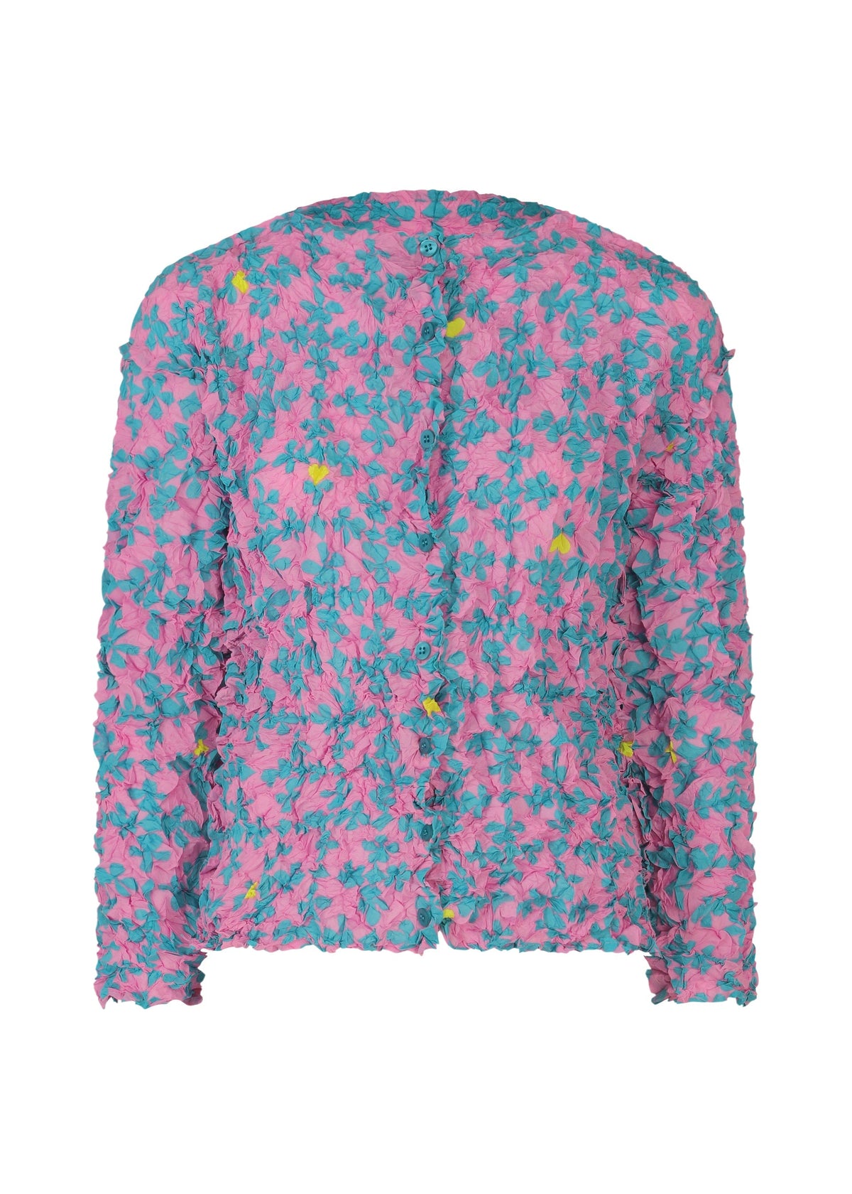 The SUIT MERINGUE TOP by me ISSEY MIYAKE is a long-sleeve blouse with a crushed pleat and ruffled texture, featuring a vibrant teal and yellow floral print on a pink base. view 3 of 8