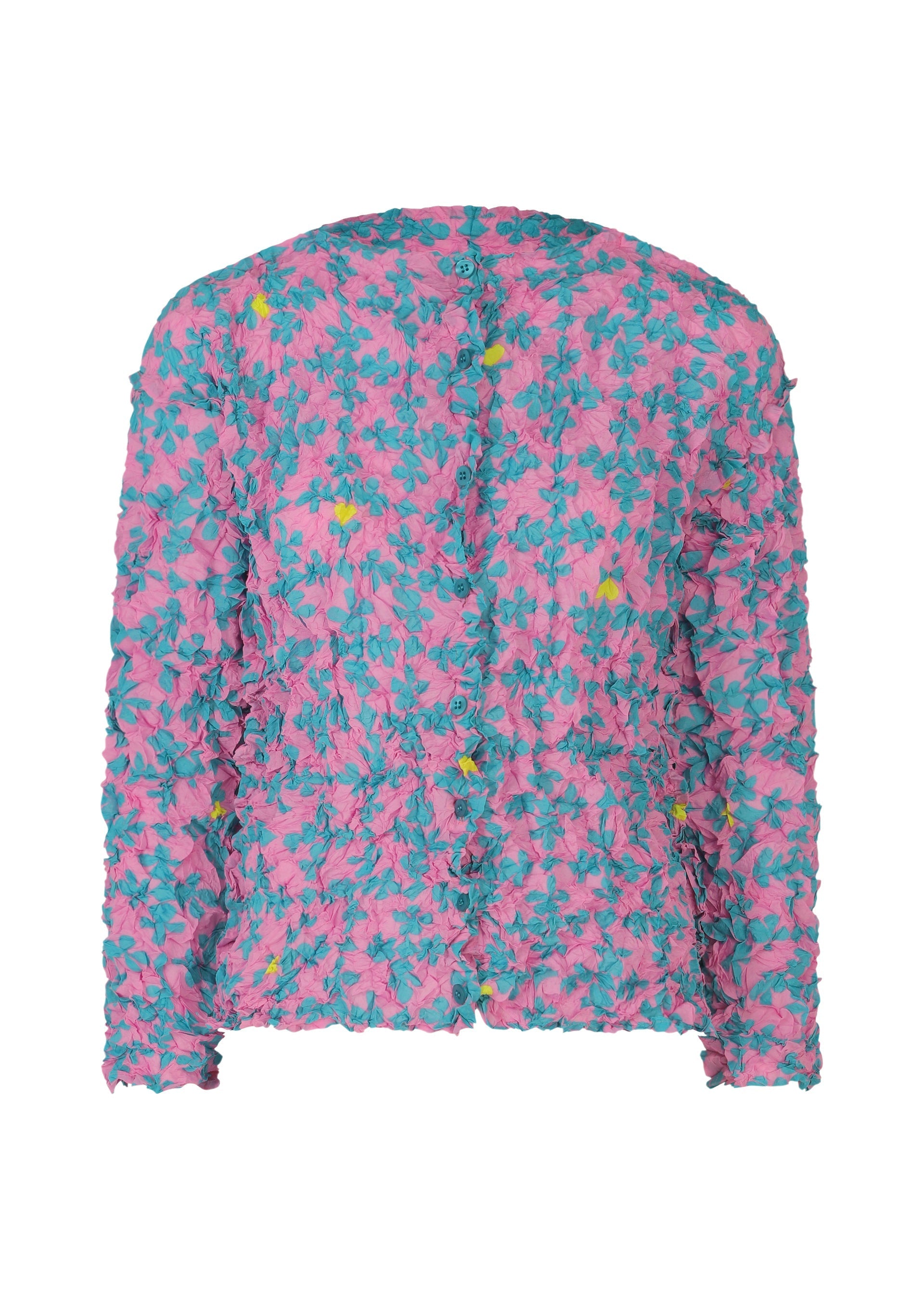 Zoomed view The SUIT MERINGUE TOP by me ISSEY MIYAKE is a long-sleeve blouse with a crushed pleat and ruffled texture, featuring a vibrant teal and yellow floral print on a pink base. - PINK-HUED (no.28)