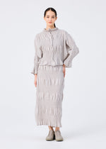 A woman faces forward against a white background, wearing the me ISSEY MIYAKE SHRINK STRIPE light gray cotton blend blouse and matching pleated skirt, with her hair tied back and beige slip-on shoes.