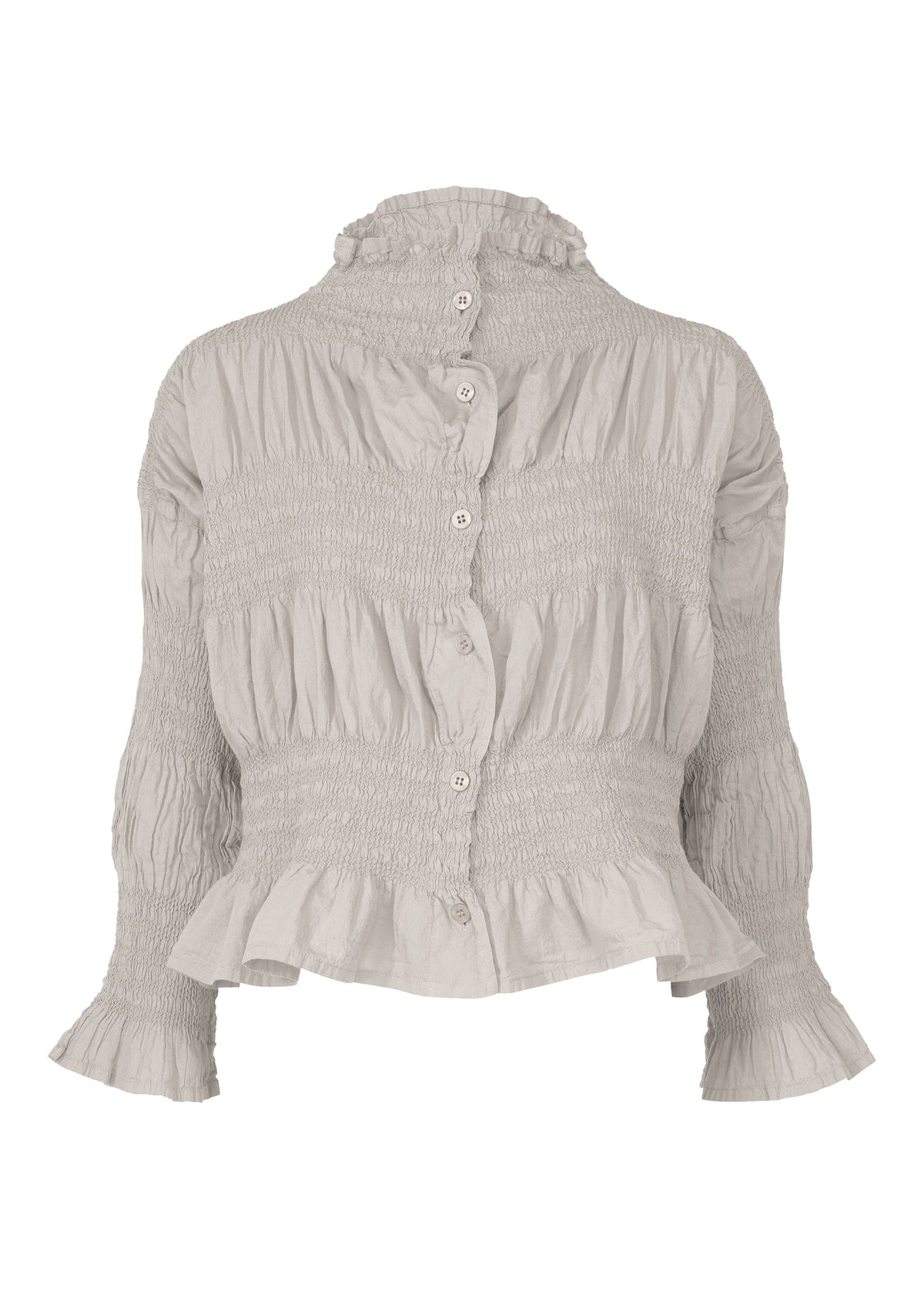 The SHRINK STRIPE blouse by me ISSEY MIYAKE is a light gray, long-sleeved top in a soft cotton blend, featuring a high ruffled collar, smocked bodice and sleeves, button-down front, ruffled hem and cuffs, plus a subtle stripe pattern. view 1 of 7