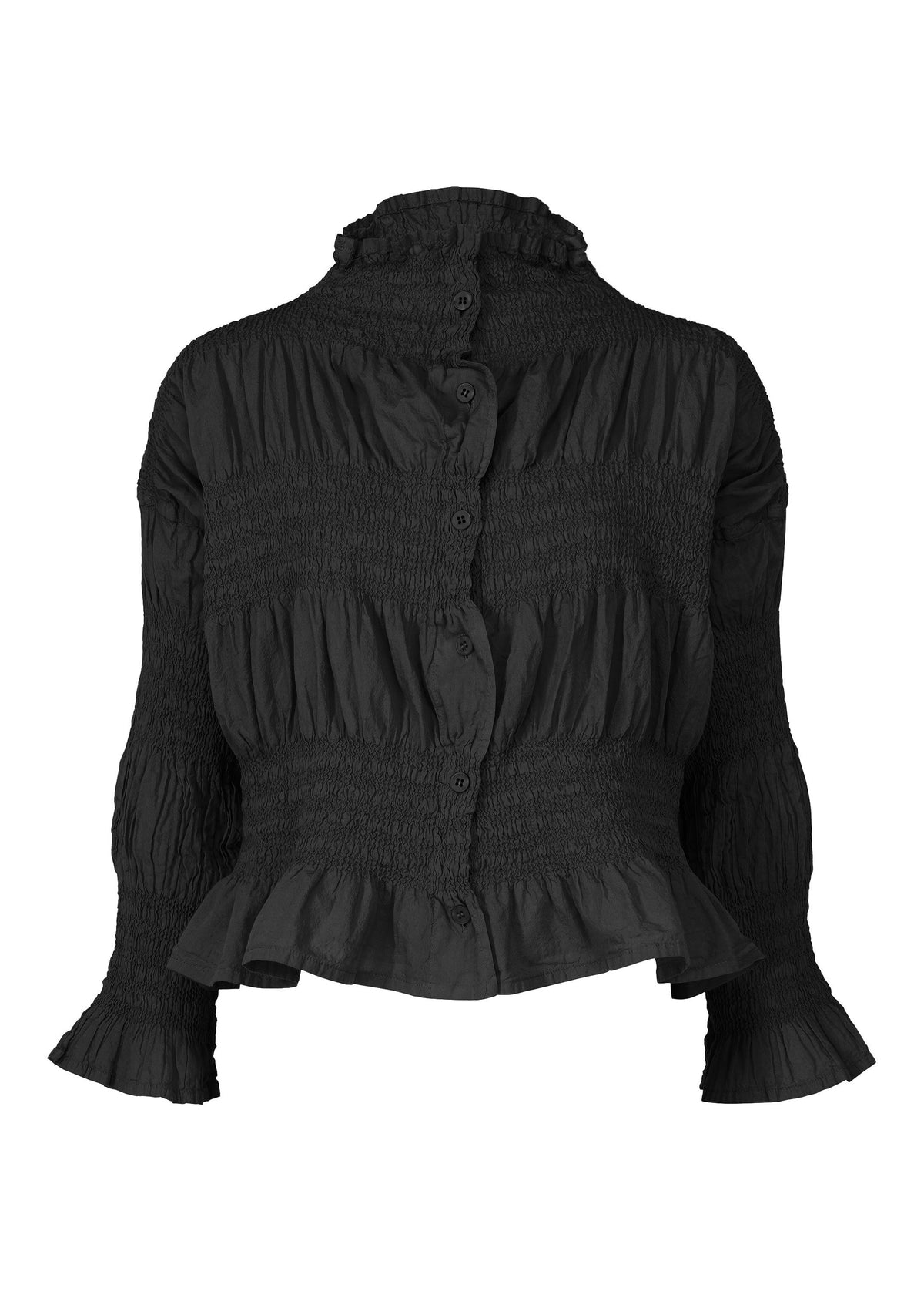 The SHRINK STRIPE blouse by me ISSEY MIYAKE is a black, long-sleeved top in a soft cotton blend with a ruffled high collar, ruched fabric, button-down front, and ruffled cuffs and hem, shown on a plain white background. view 2 of 7