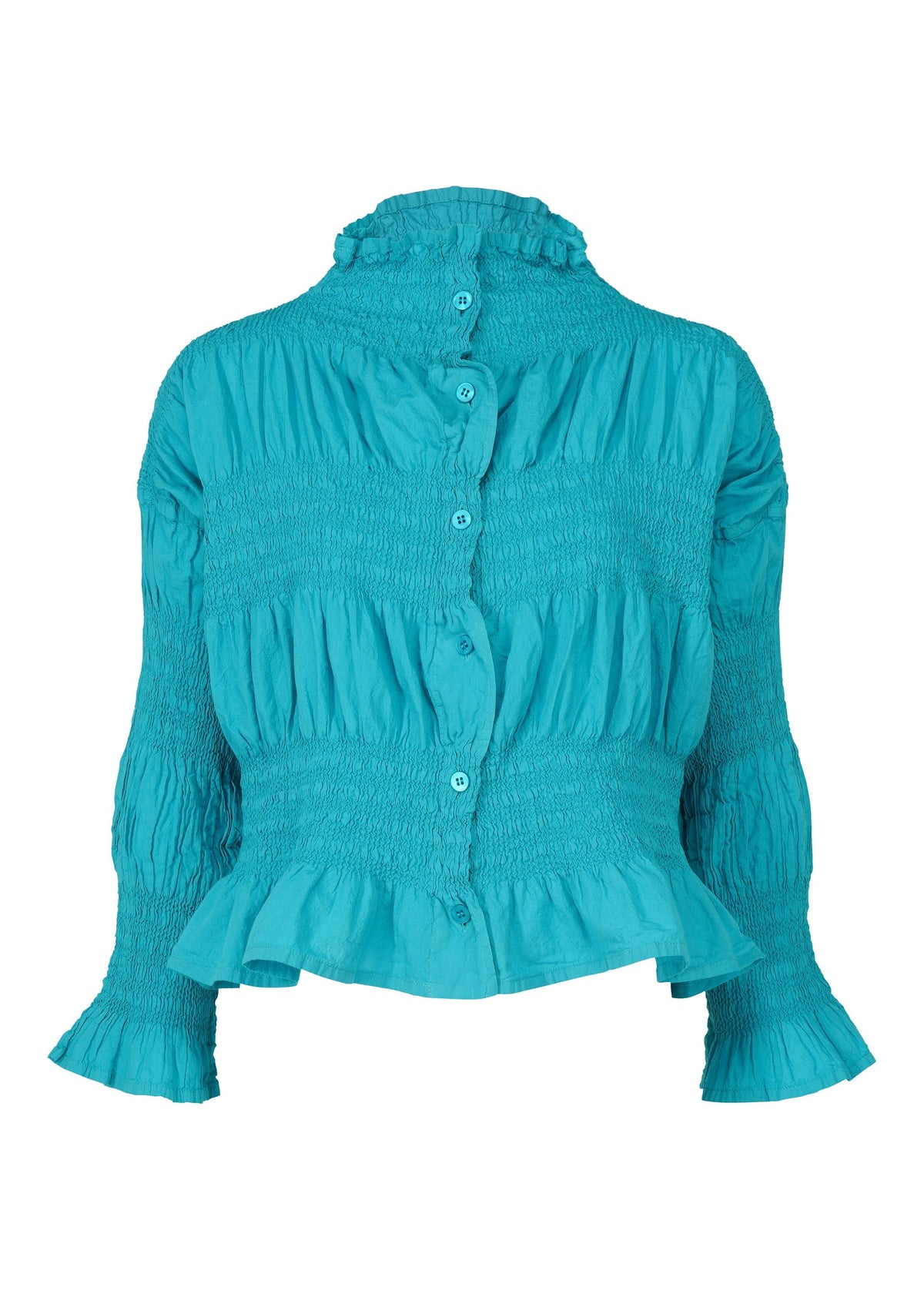 The SHRINK STRIPE by me ISSEY MIYAKE is a turquoise, cotton blend long-sleeve blouse featuring a high ruffled collar, button-down front, ruched details, and ruffled cuffs and hem. view 3 of 7
