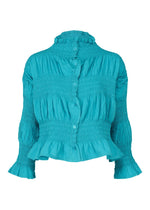 The SHRINK STRIPE by me ISSEY MIYAKE is a turquoise, cotton blend long-sleeve blouse featuring a high ruffled collar, button-down front, ruched details, and ruffled cuffs and hem. - TURQUOISE (no.73)