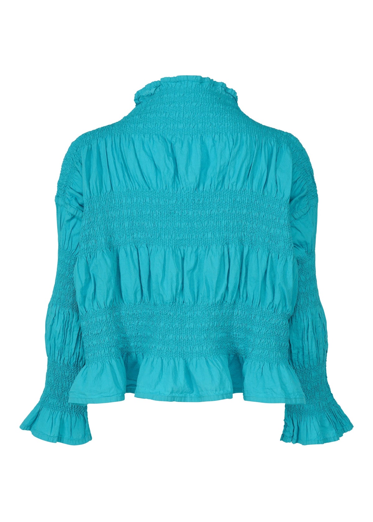 The SHRINK STRIPE blouse by me ISSEY MIYAKE is a teal cotton-blend top with long sleeves, smocked ruching, a high neck, ruffled cuffs, and hem. Shown from the back against a white background. view 4 of 7