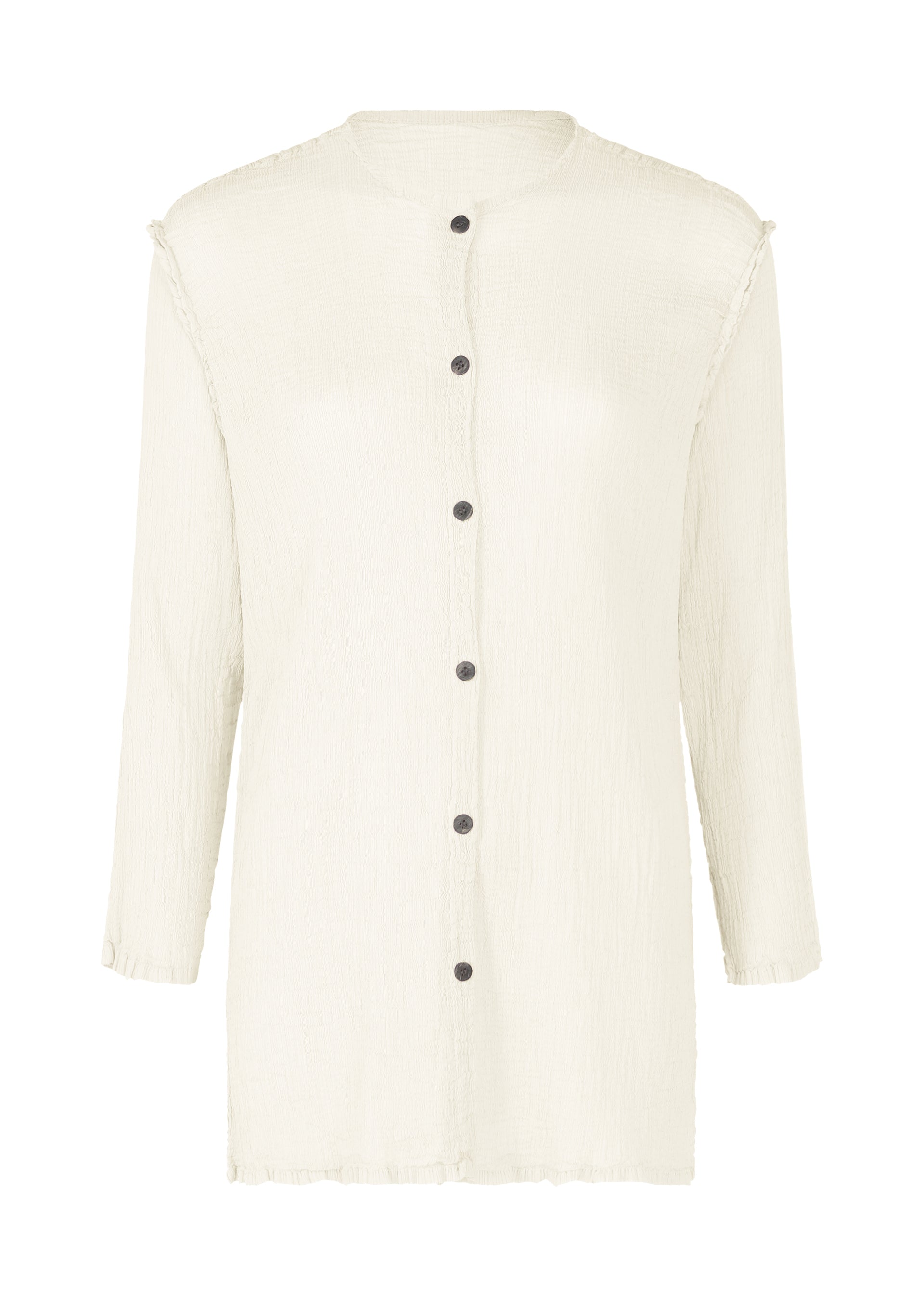 Zoomed view The SEE-THROUGH CREPE COLOR by me ISSEY MIYAKE is a long-sleeve off-white textured blouse with a round collar, black buttons, garment-dyed fabric, relaxed fit, and slightly frayed seam edges. - WHITE （no.01）