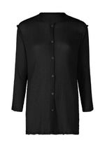 The SEE-THROUGH CREPE COLOR blouse by me ISSEY MIYAKE features black garment-dyed, textured fabric, subtle ruffles at the sleeves and hem, small black buttons, and a relaxed fit inspired by a see-through crepe cardigan. - BLACK （no.15）