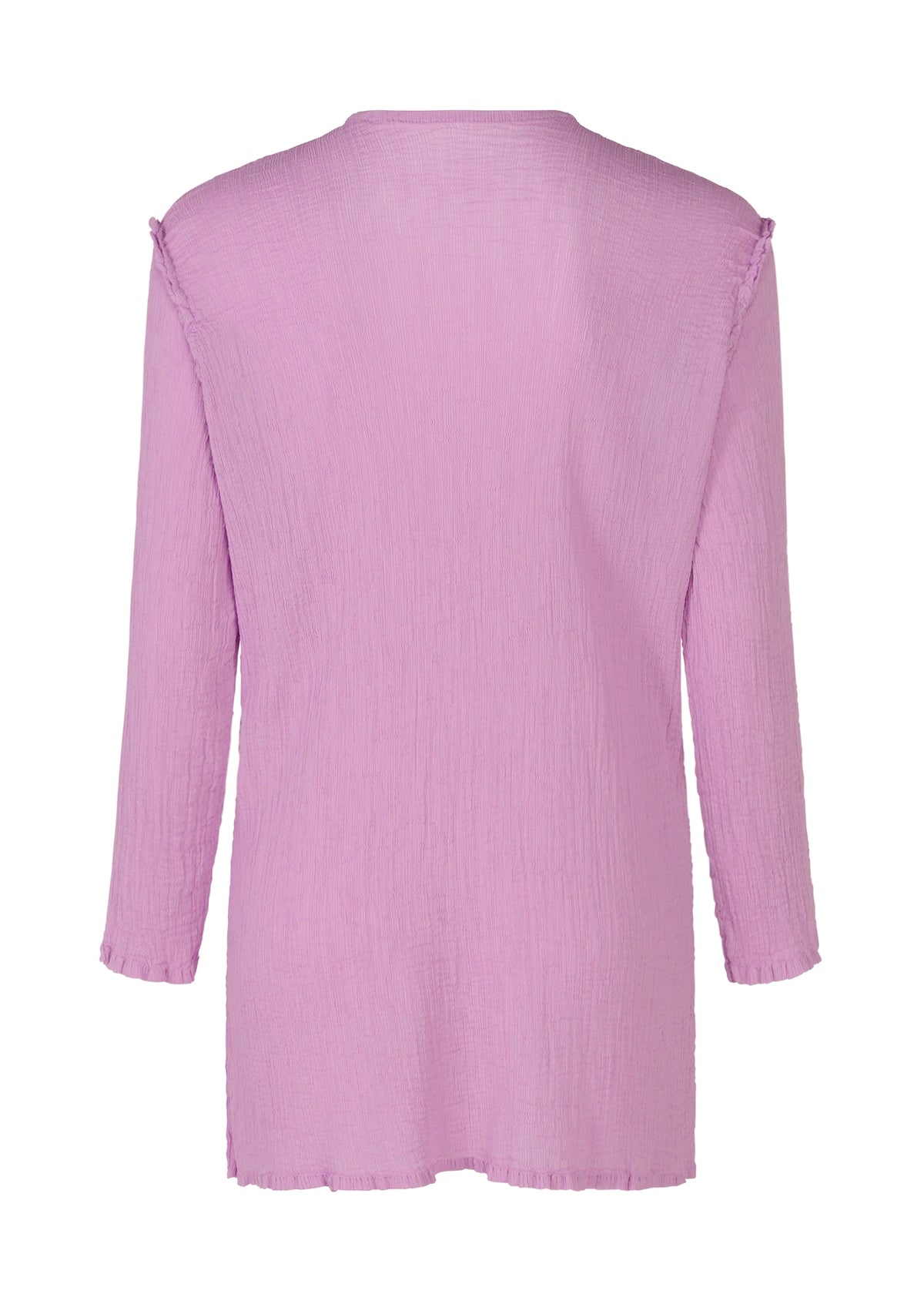 The SEE-THROUGH CREPE COLOR shirt by me ISSEY MIYAKE is shown from the back, featuring light purple garment-dyed textured fabric, long sleeves, a loose fit, and subtle unfinished edges. view 4 of 8