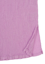 A detailed look at the lilac SEE-THROUGH CREPE COLOR by me ISSEY MIYAKE, featuring crinkled, garment-dyed fabric with a small side slit—ideal for a lightweight cardigan style.