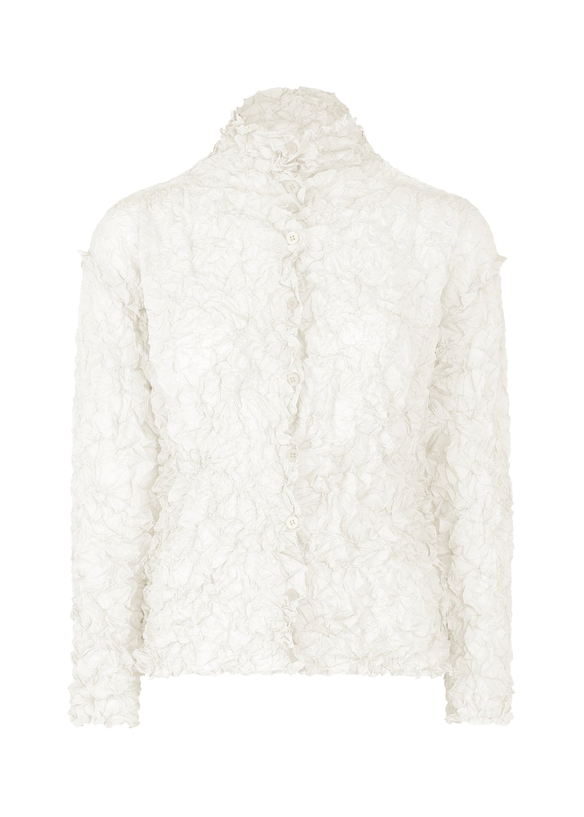 The MERINGUE TOP by me ISSEY MIYAKE is a long-sleeve, white button-up shirt in crinkled, semi-transparent polyester with a high collar, fitted silhouette, and delicate ruffle detailing along the edges and seams. view 1 of 10