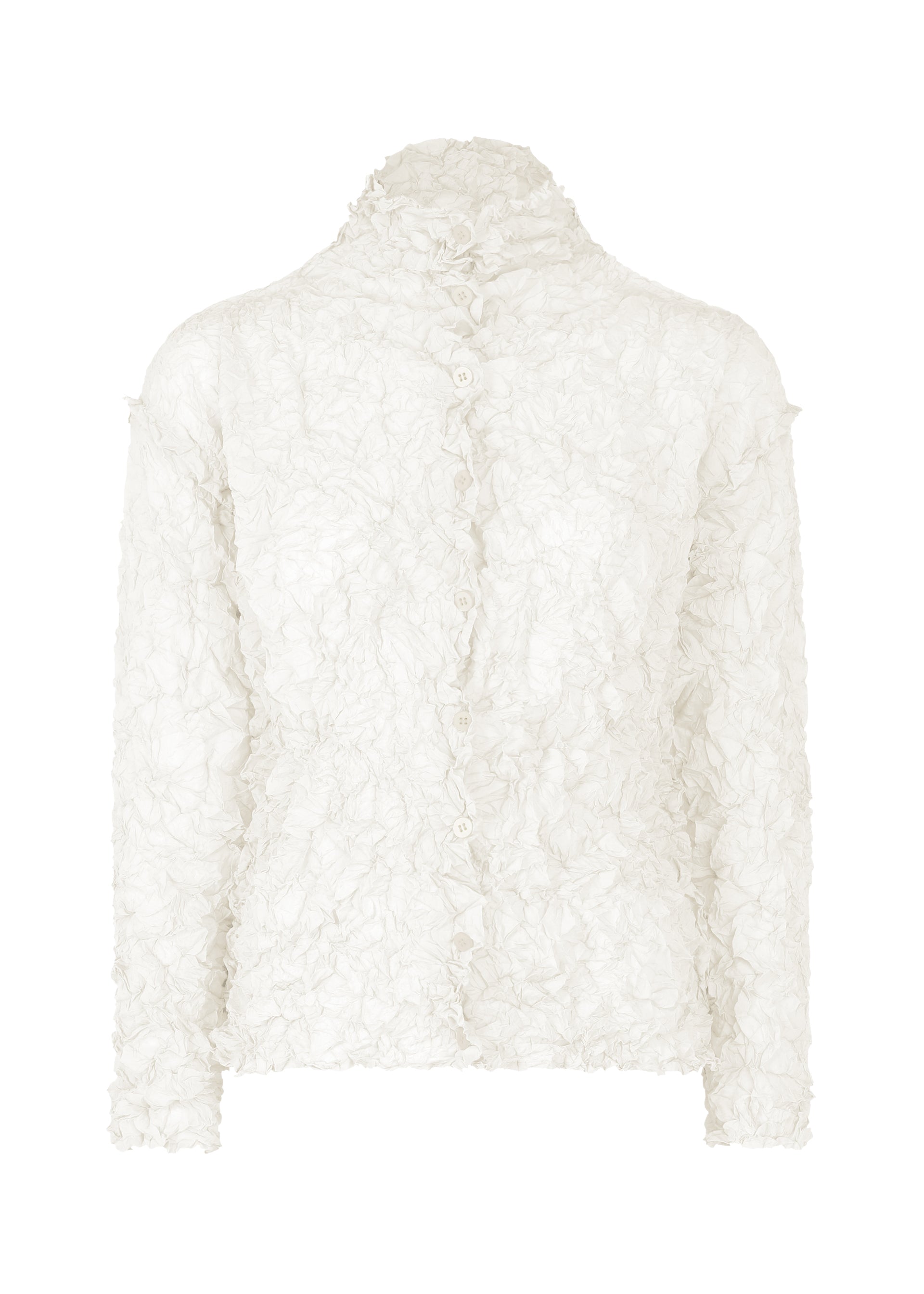 Zoomed view The MERINGUE TOP by me ISSEY MIYAKE is a long-sleeve, white button-up shirt in crinkled, semi-transparent polyester with a high collar, fitted silhouette, and delicate ruffle detailing along the edges and seams. - WHITE （no.01）