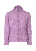 The MERINGUE TOP by me ISSEY MIYAKE is a light purple, long-sleeved button-up blouse with a crushed pleat texture and high collar, made from soft polyester and shown against a plain white background. - LILAC （no.20）