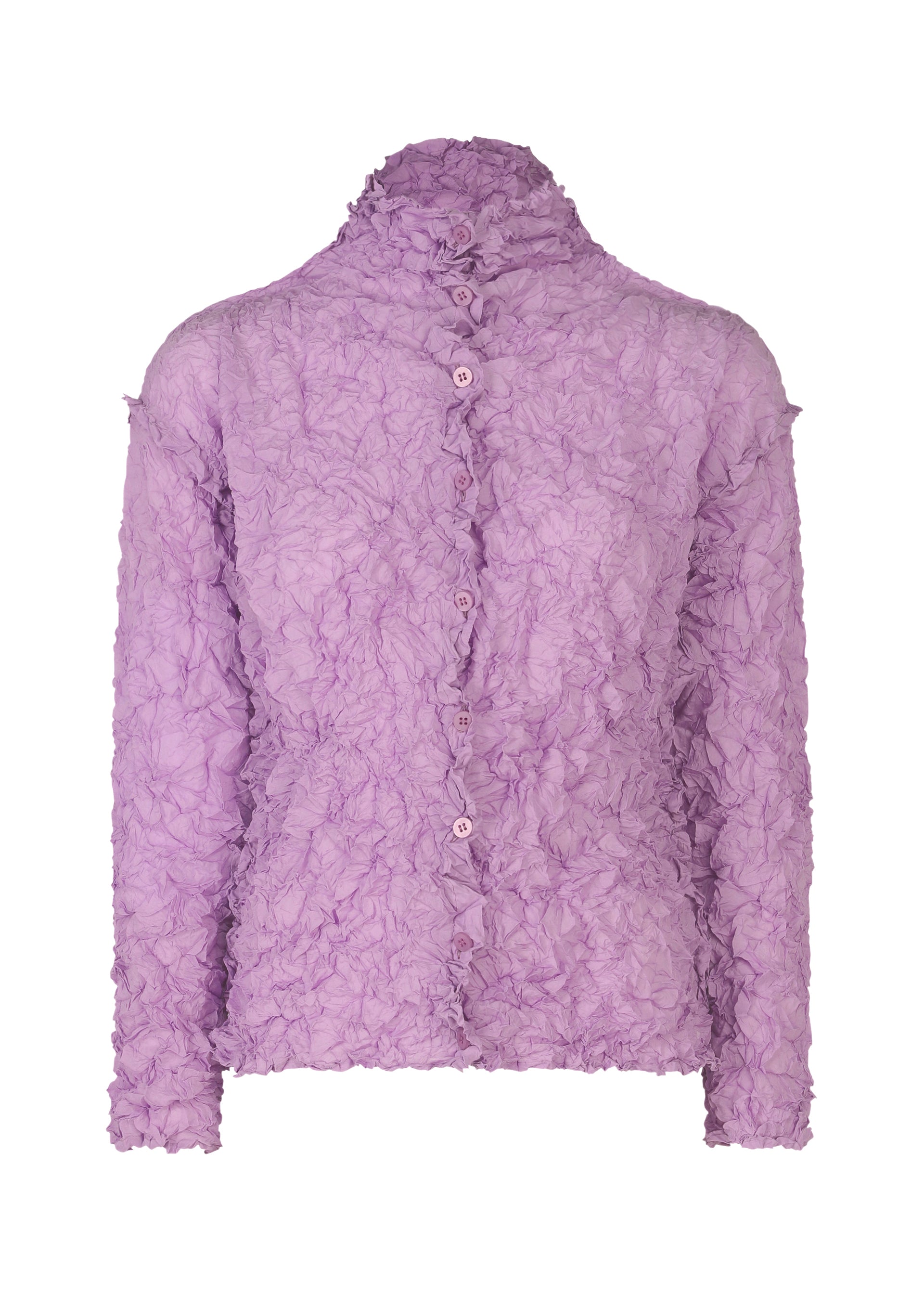 Zoomed view The MERINGUE TOP by me ISSEY MIYAKE is a light purple, long-sleeved button-up blouse with a crushed pleat texture and high collar, made from soft polyester and shown against a plain white background. - LILAC （no.20）