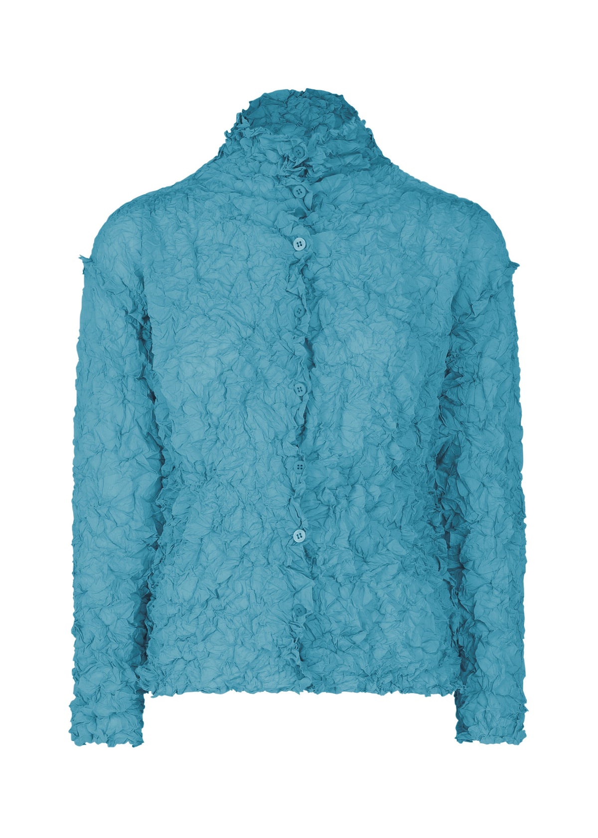 The MERINGUE TOP by me ISSEY MIYAKE is a sheer blue, long-sleeved, button-up shirt made from crushed pleat polyester, shown against a plain white background. view 3 of 10