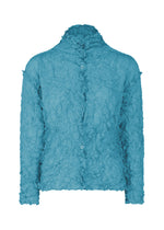The MERINGUE TOP by me ISSEY MIYAKE is a sheer blue, long-sleeved, button-up shirt made from crushed pleat polyester, shown against a plain white background. - LIGHT BLUE （no.70）