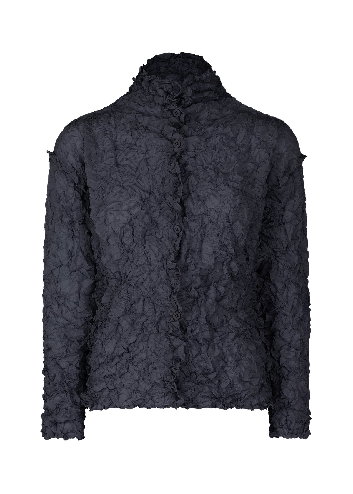 The MERINGUE TOP by me ISSEY MIYAKE is a long-sleeve, dark polyester button-up featuring a crushed pleat texture and a high, slightly ruffled collar. view 4 of 10