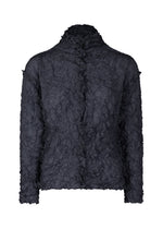The MERINGUE TOP by me ISSEY MIYAKE is a long-sleeve, dark polyester button-up featuring a crushed pleat texture and a high, slightly ruffled collar. - NAVY （no.75）