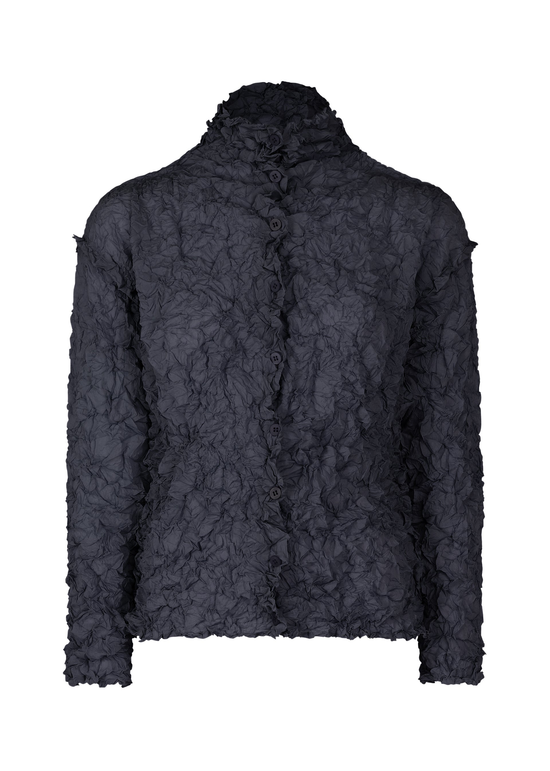 Zoomed view The MERINGUE TOP by me ISSEY MIYAKE is a long-sleeve, dark polyester button-up featuring a crushed pleat texture and a high, slightly ruffled collar. - NAVY （no.75）