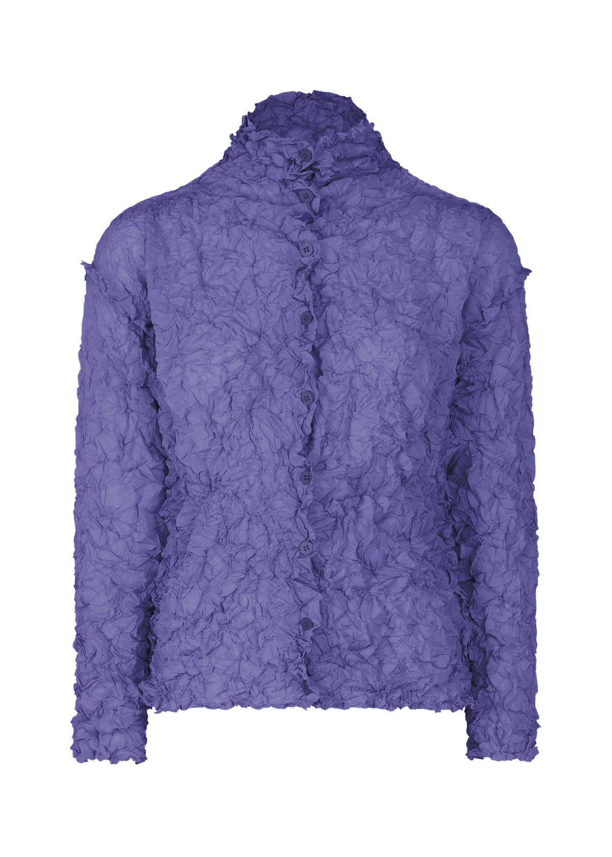 The MERINGUE TOP by me ISSEY MIYAKE is a purple, long-sleeve, high-neck blouse with a crushed pleat texture and button-down front, shown against a plain white background. view 5 of 10