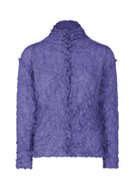 The MERINGUE TOP by me ISSEY MIYAKE is a purple, long-sleeve, high-neck blouse with a crushed pleat texture and button-down front, shown against a plain white background. - PURPLE （no.81）