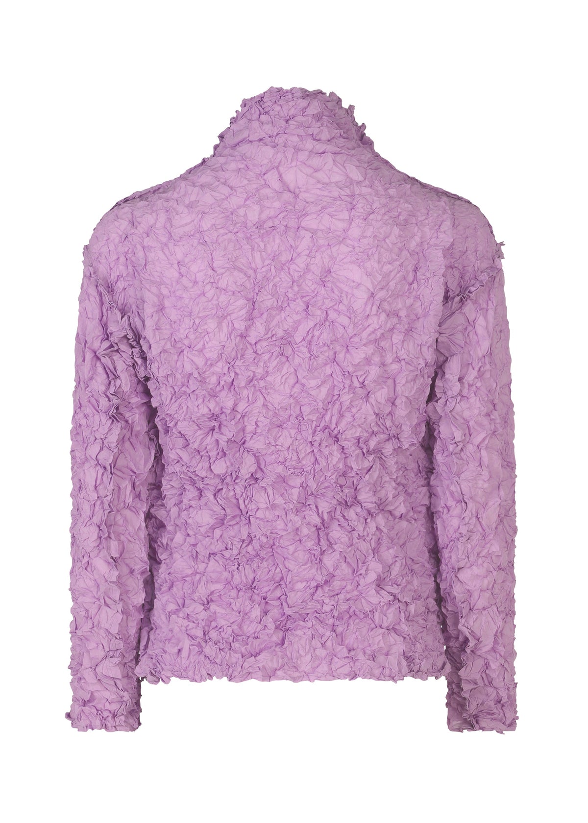 The MERINGUE TOP by me ISSEY MIYAKE is a long-sleeve, light purple shirt with a crushed pleat, crinkled texture, shown from the back against a white background. view 6 of 10