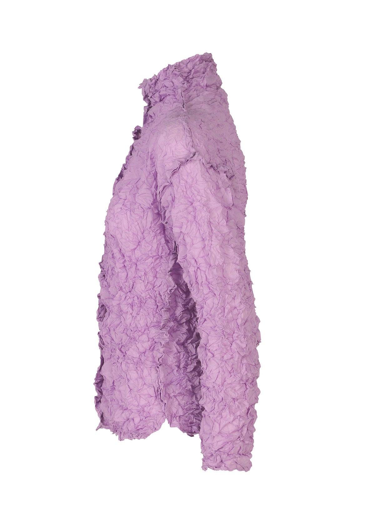 A side view of the MERINGUE TOP by me ISSEY MIYAKE—a long-sleeve, textured lavender shirt with crushed pleats, ruffled look, and high collar—displayed on a white background. view 7 of 10