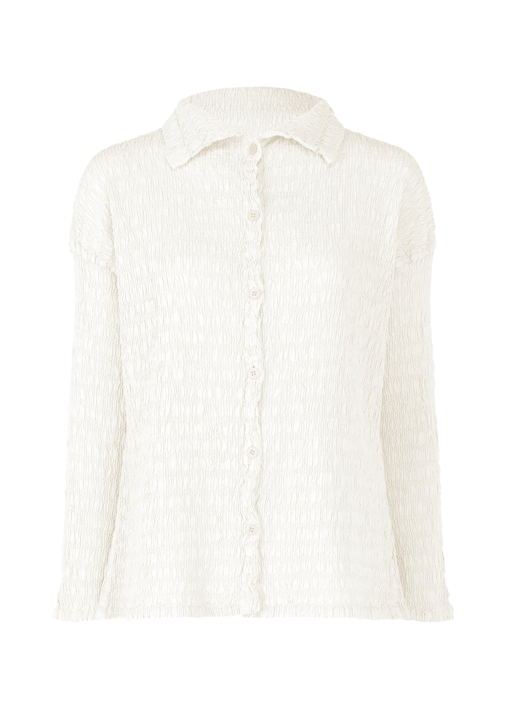 Zoomed view The KNIT LIKE CLOTH blouse by me ISSEY MIYAKE is a long-sleeve, button-up in textured white cotton-blend with a collar and slightly crinkled finish—perfect for spring and summer. - WHITE (no.01)
