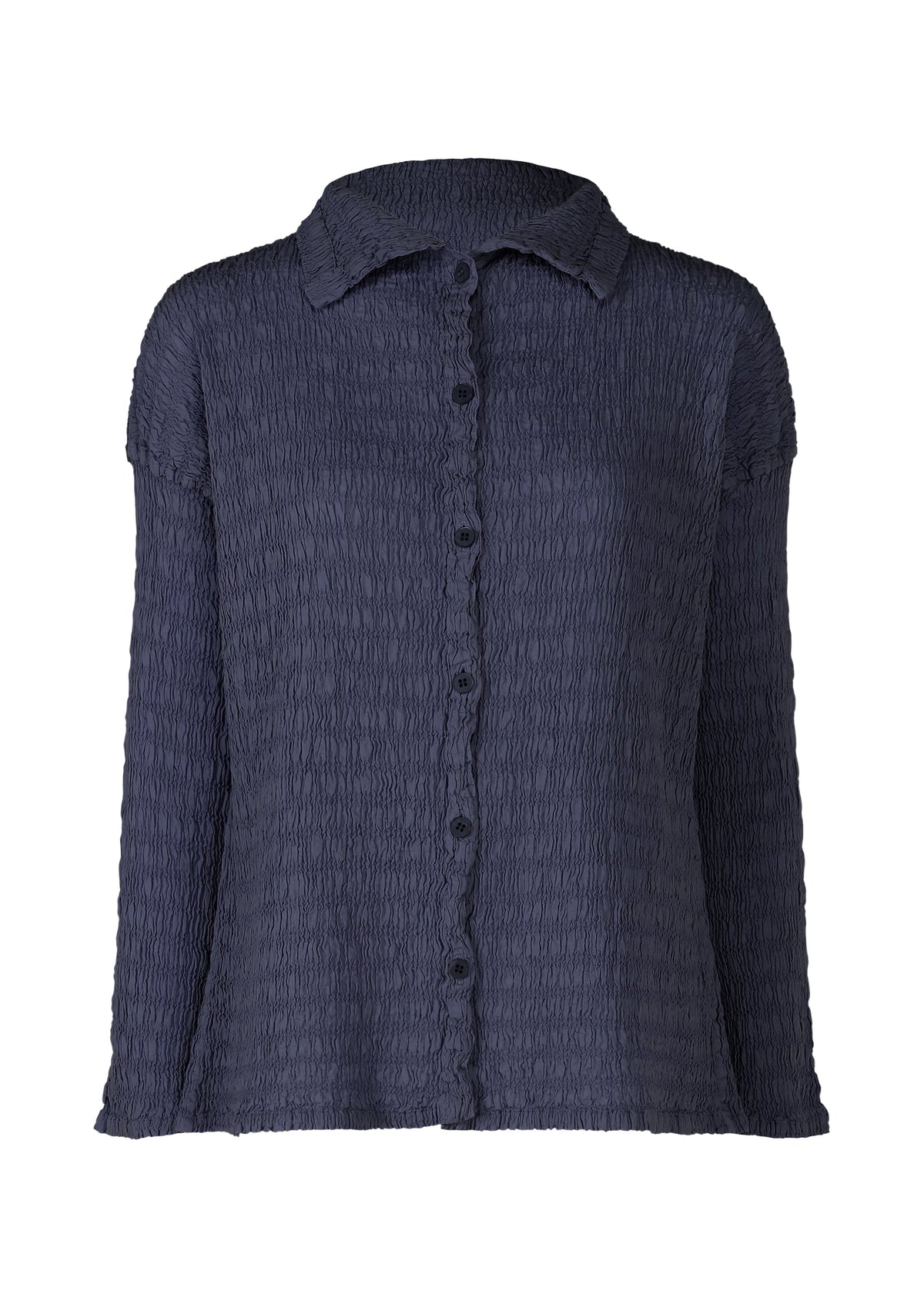 The KNIT LIKE CLOTH blouse by me ISSEY MIYAKE is a long-sleeved, dark navy cotton blend with a crinkled texture, button-down front, pointed collar, and flared cuffs—perfect for spring and summer. view 2 of 7