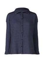 The KNIT LIKE CLOTH blouse by me ISSEY MIYAKE is a long-sleeved, dark navy cotton blend with a crinkled texture, button-down front, pointed collar, and flared cuffs—perfect for spring and summer. - NAVY (no.75)