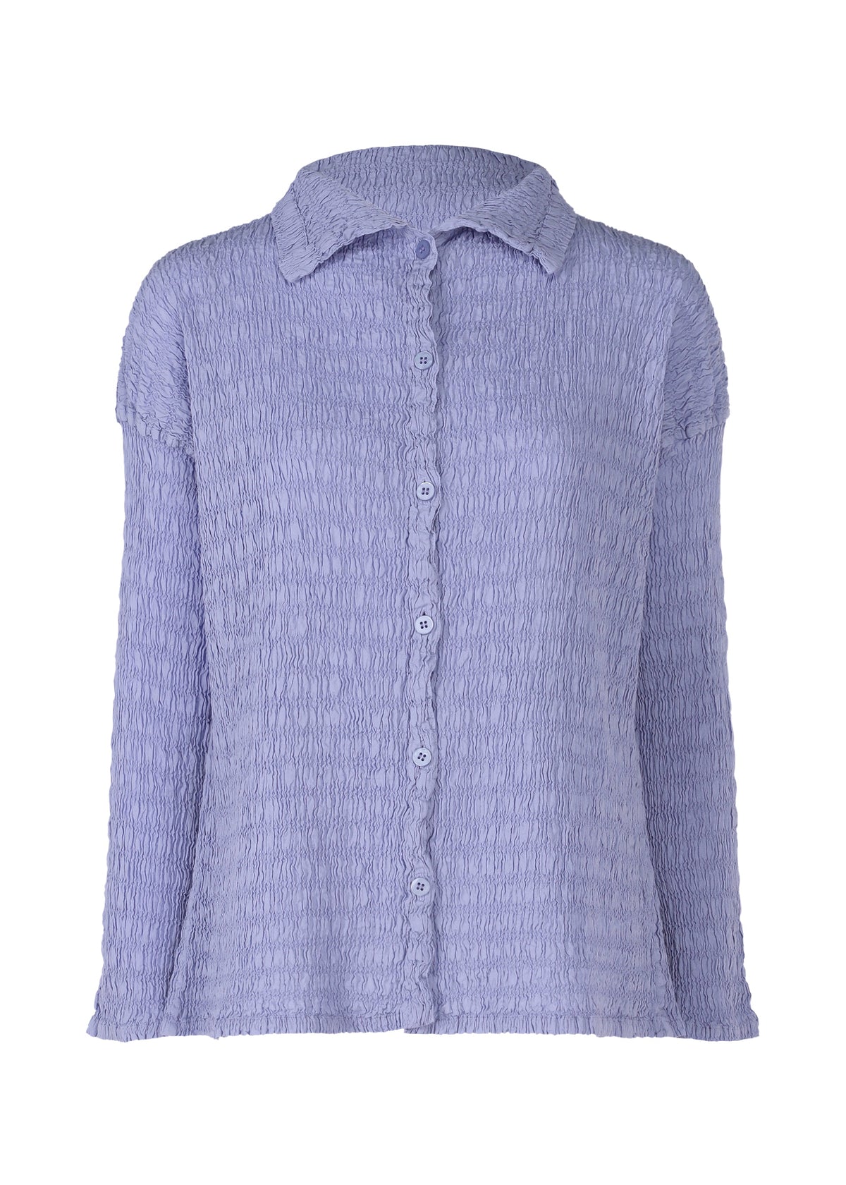 The KNIT LIKE CLOTH by me ISSEY MIYAKE is a long-sleeve, button-up shirt in light lavender with textured crinkled cotton-blend fabric and a classic collar—ideal for spring and summer. view 3 of 7