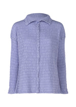 The KNIT LIKE CLOTH by me ISSEY MIYAKE is a long-sleeve, button-up shirt in light lavender with textured crinkled cotton-blend fabric and a classic collar—ideal for spring and summer. - LAVENDER (no.80)