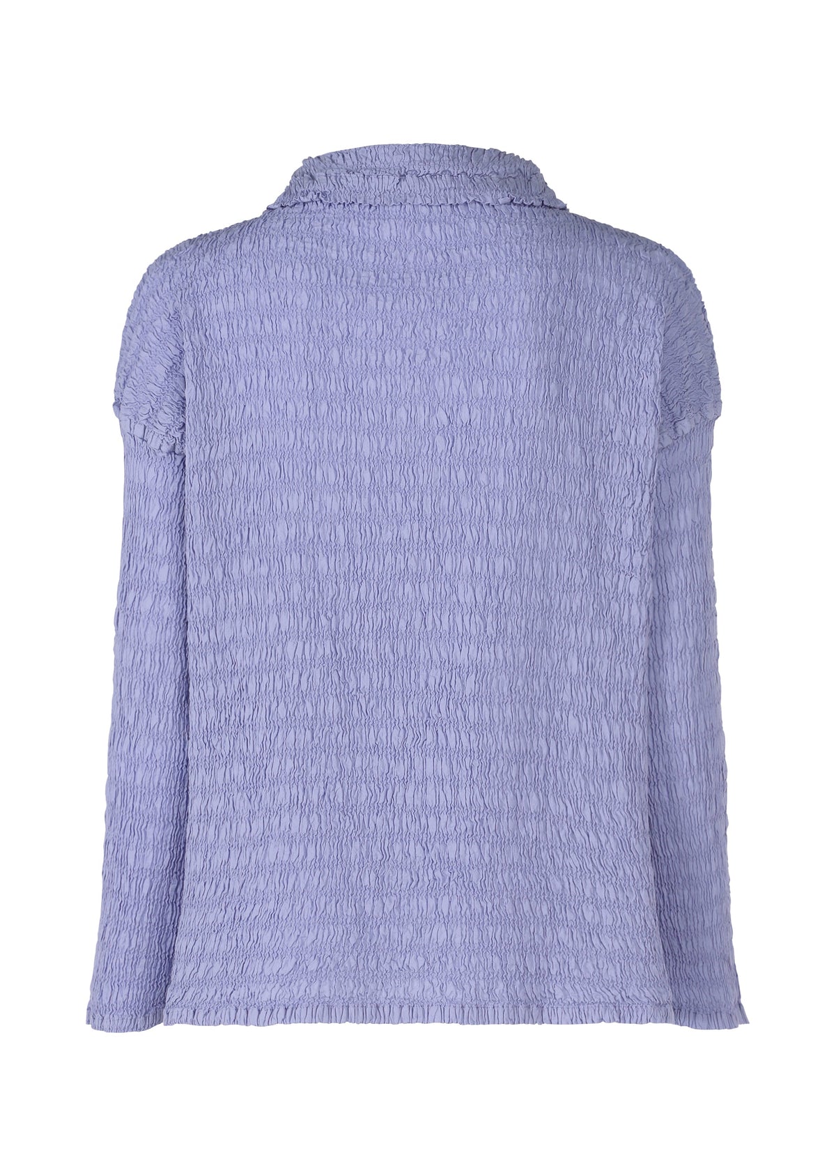 Back view of the KNIT LIKE CLOTH blouse by me ISSEY MIYAKE—a long-sleeved, textured lavender top in a soft cotton blend with a gentle collar and relaxed fit, ideal for spring and summer, shown on a plain white background. view 4 of 7